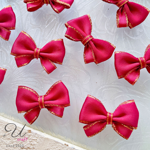 1081【サテンリボンパーツ/10ヶ】ワインレッド×ゴールド デコパーツ