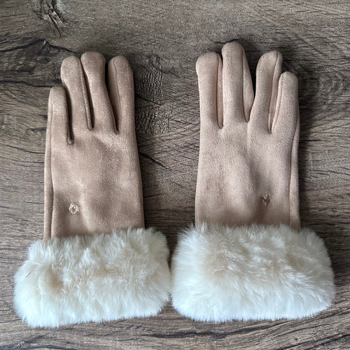 ベージュ レザー 手袋 ファー付き ikka 手袋 エコスエードフェイクファー付きグローブ レディース