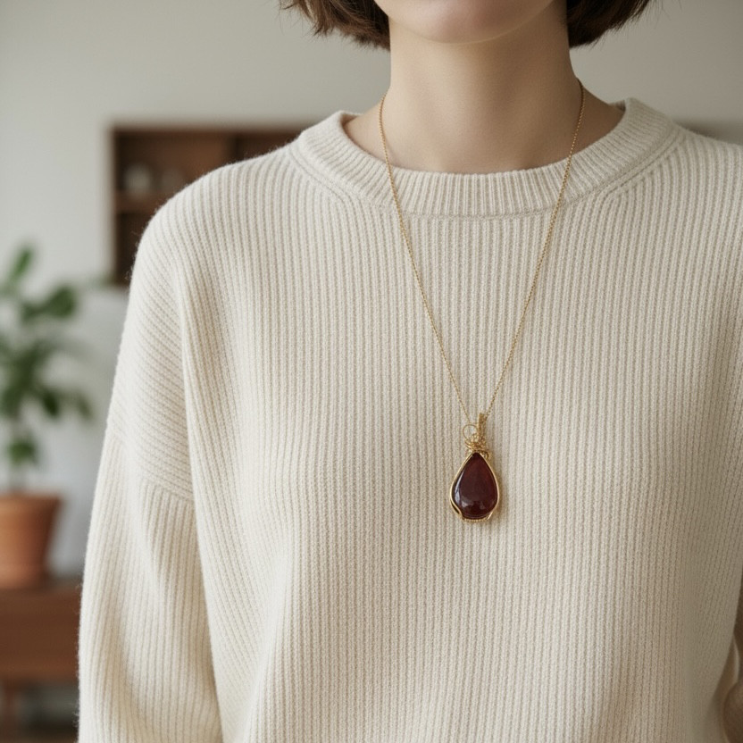 1月の誕生石　オレンジガーネット　ワイヤーラッピングペンダントトップ