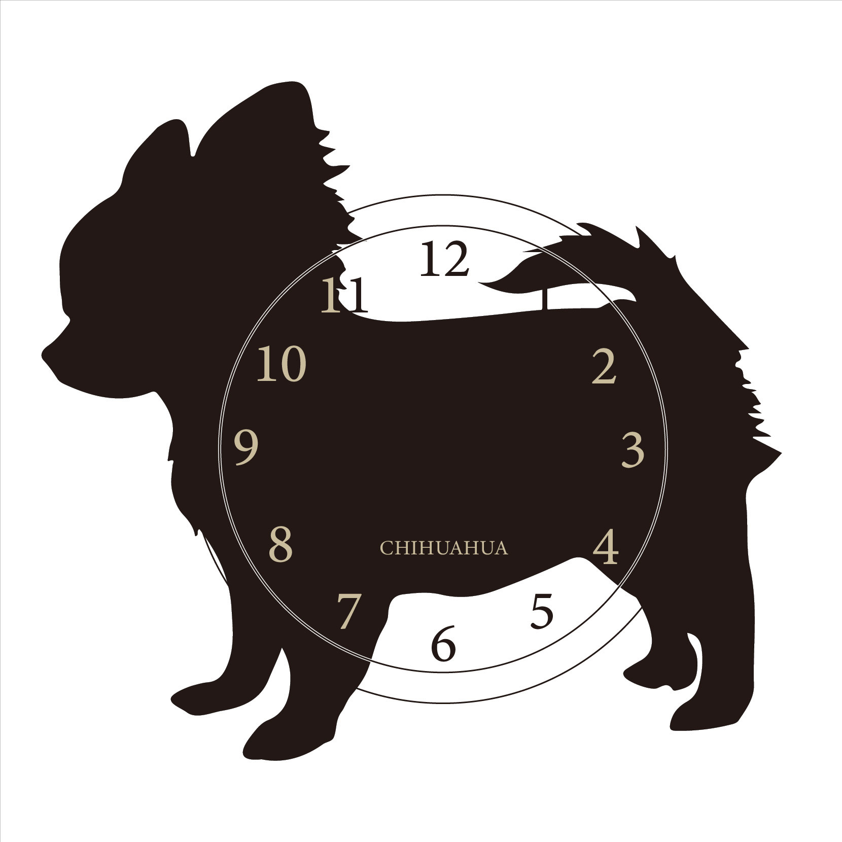 期間限定値下げ3000円引【名前入れ】ワンちゃん はみ出しガラス面　壁掛け時計 チワワ　黒　静音壁掛け時計