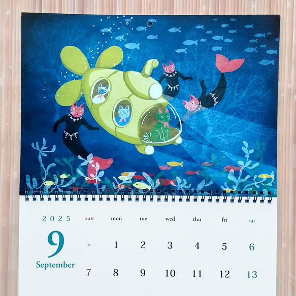 カレンダー2025 マーメイド猫イラスト A3 壁掛け 月めくり 5枚目の画像