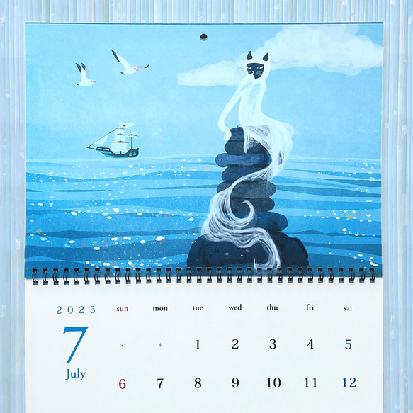 カレンダー2025 マーメイド猫イラスト A3 壁掛け 月めくり 3枚目の画像