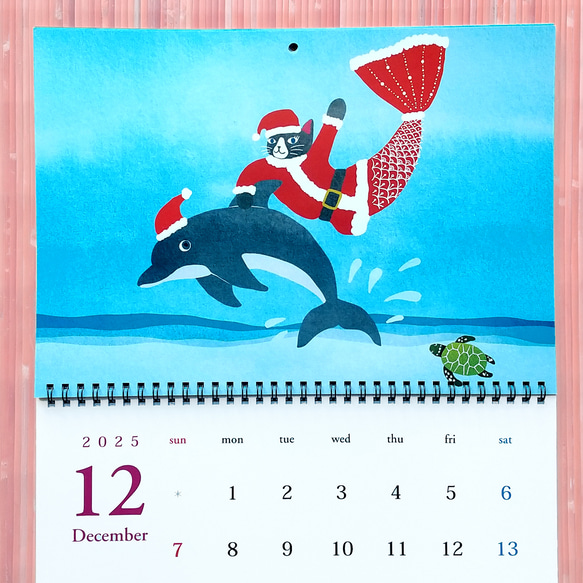カレンダー2025 マーメイド猫イラスト A3 壁掛け 月めくり 8枚目の画像