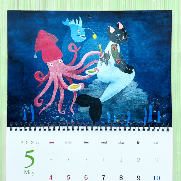 カレンダー2025 マーメイド猫イラスト A3 壁掛け 月めくり 1枚目の画像