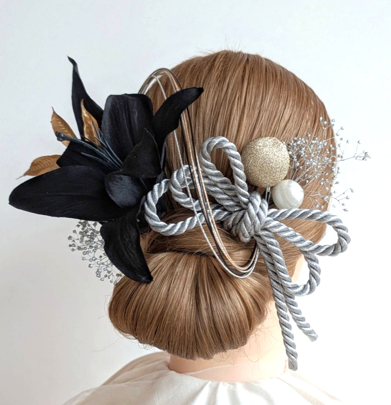 髪飾り ドライフラワー 紐 水引 成人式 卒業式 結婚式 七五三 黒 シルバー  RC166