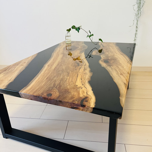 ローテーブル レジンテーブル アイアンテーブル ブラック  