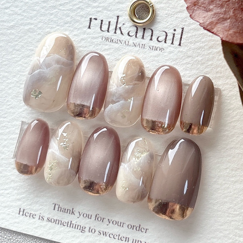 ニュアンス×大理石 ネイルチップ グレージュ マグネット 秋 冬 普段
