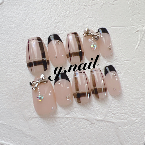 ネイルチップ/チェックネイル/リボンネイル/フレンチネイル/韓国