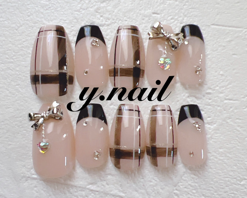 ネイルチップ/チェックネイル/リボンネイル/フレンチネイル/韓国