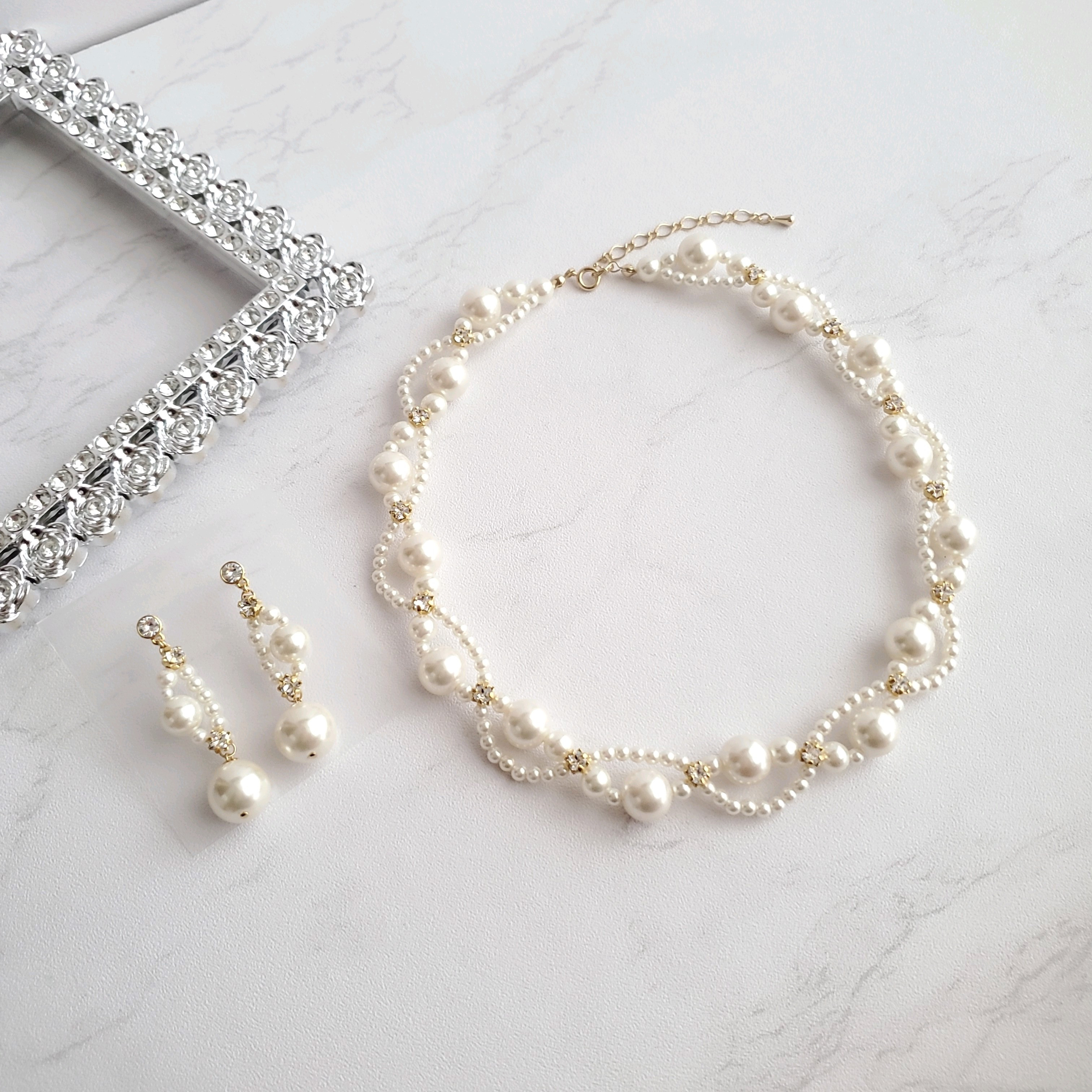 ウェーブパールネックレス　ピアスorイヤリング2点set ◇ ウェディング・ブライダル