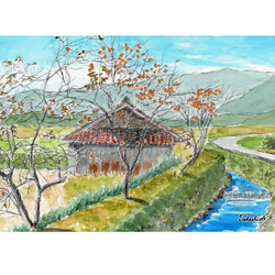 原画一点物 「緑が深い真夏の農村」 ＜ペンスケッチ＋透明水彩