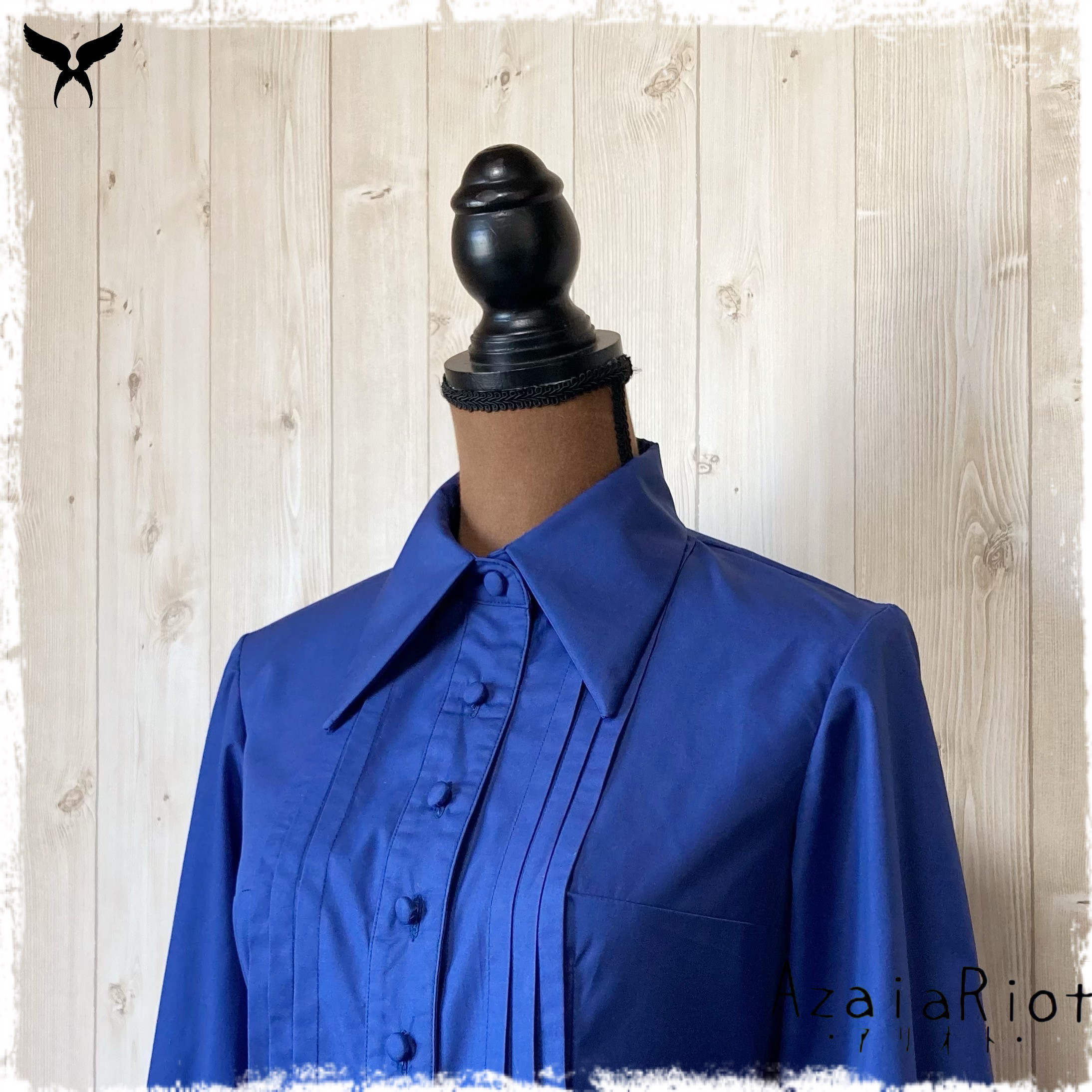 【限定価格】タックが綺麗なシャツカラーブラウス（長袖）ネイビー【Ｍ／Ｌ】