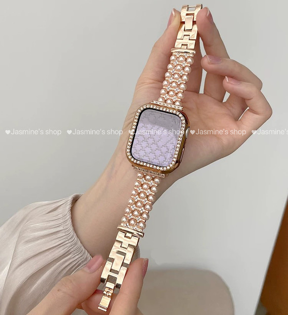 Apple Watch ラインストーン　パール　チェーンベルト　キラキラパール　チェーンバンド　保護カバー付き 3枚目の画像