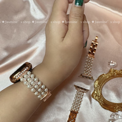 Apple Watch ラインストーン　パール　チェーンベルト　キラキラパール　チェーンバンド　保護カバー付き 9枚目の画像