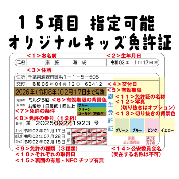 リアルすぎる‼️子ども運転免許証プラスチックカード　選べる１５項目で写真入りオリジナル免許証 11枚目の画像