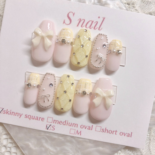 ネイルチップ イエロー 黄色 ツイード リボン キルティング 韓国  