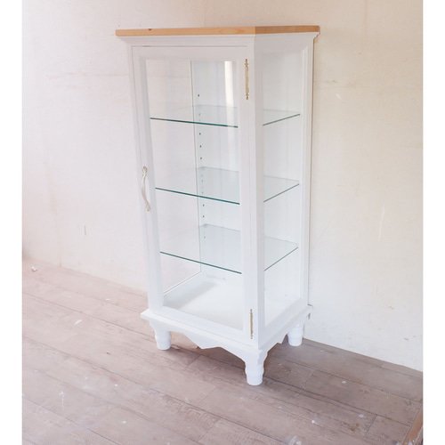 ろくろ脚のガラスキャビネット アーチホワイト×ナチュラル塗装仕上げ