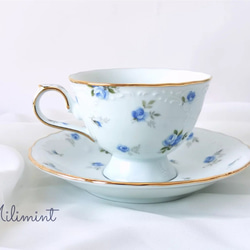 【受注制作】アンティークローズ ティーセット(ブルー)(カップ＆ソーサー1点、プレート1点)ブルーローズ　青薔薇　花柄 8枚目の画像