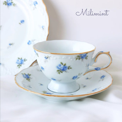 【受注制作】アンティークローズ ティーセット(ブルー)(カップ＆ソーサー1点、プレート1点)ブルーローズ　青薔薇　花柄 6枚目の画像