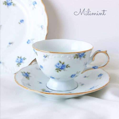 受注制作】アンティークローズ ティーセット(ブルー)(カップ＆ソーサー