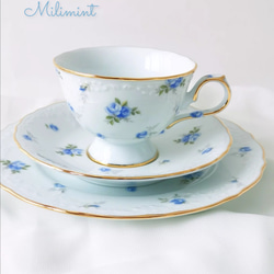 【受注制作】アンティークローズ ティーセット(ブルー)(カップ＆ソーサー1点、プレート1点)ブルーローズ　青薔薇　花柄 11枚目の画像