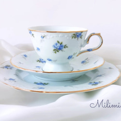 【受注制作】アンティークローズ ティーセット(ブルー)(カップ＆ソーサー1点、プレート1点)ブルーローズ　青薔薇　花柄 5枚目の画像