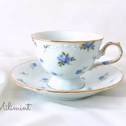 【受注制作】アンティークローズ ティーセット(ブルー)(カップ＆ソーサー1点、プレート1点)ブルーローズ　青薔薇　花柄 7枚目の画像