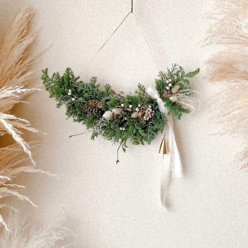 ホワイトXmas アンティークナチュラル　横型ドライフラワースワッグ45㎝ ホワイトXmas アンティークナチュラル横型ドライフラワー