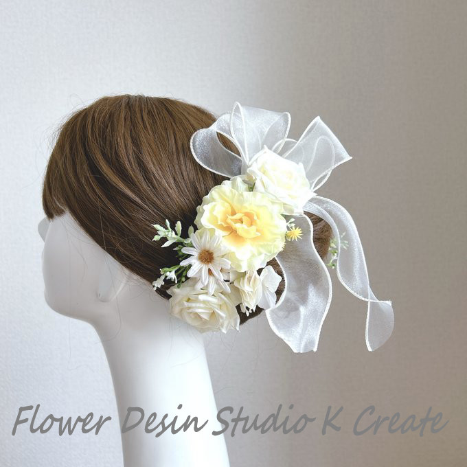 エクリュと黄色い薔薇のリボンのヘッドドレス　ウェディング　ウエディング　ブライダル　ヘッドパーツ　髪飾り　黄色　イエロー