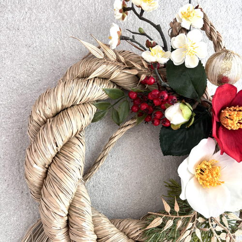 2026年 入荷！大きなしめ縄 豪華 椿 紅白椿 縁起を纏う美しい椿 人気