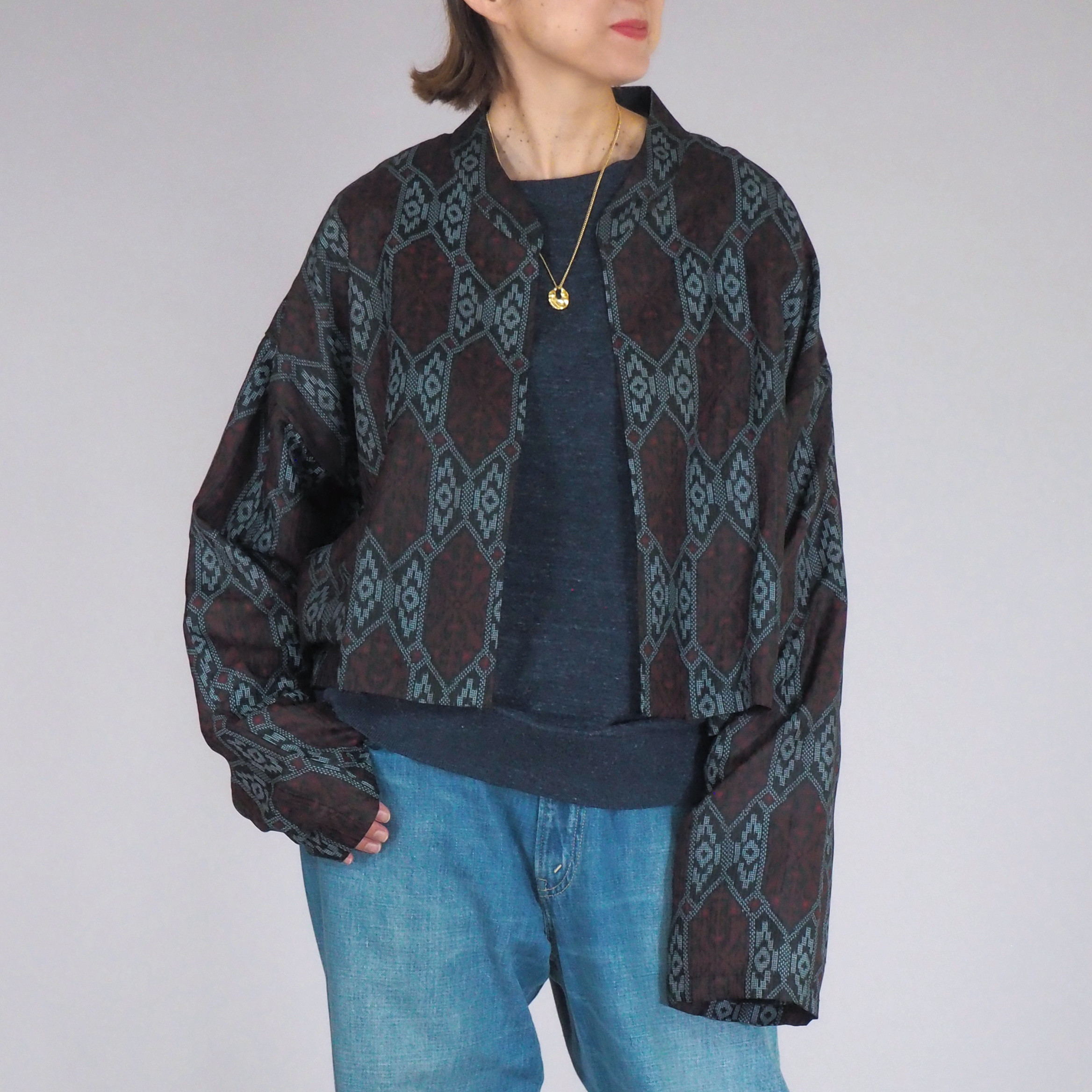 creema価格★着物リメイク TanLan クロップドジャケット シースルーブラック 亀甲