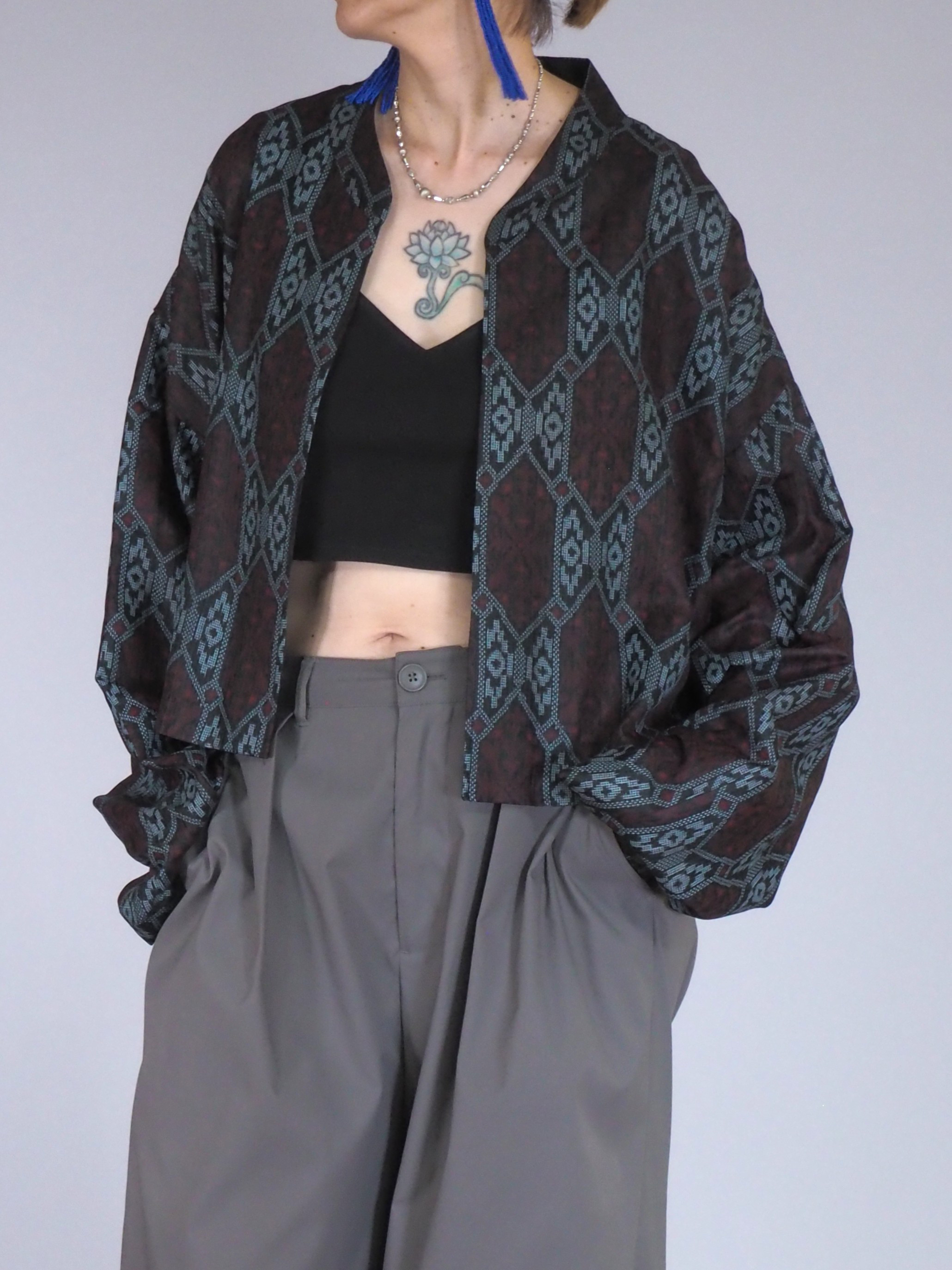 creema価格★着物リメイク TanLan クロップドジャケット シースルーブラック 亀甲