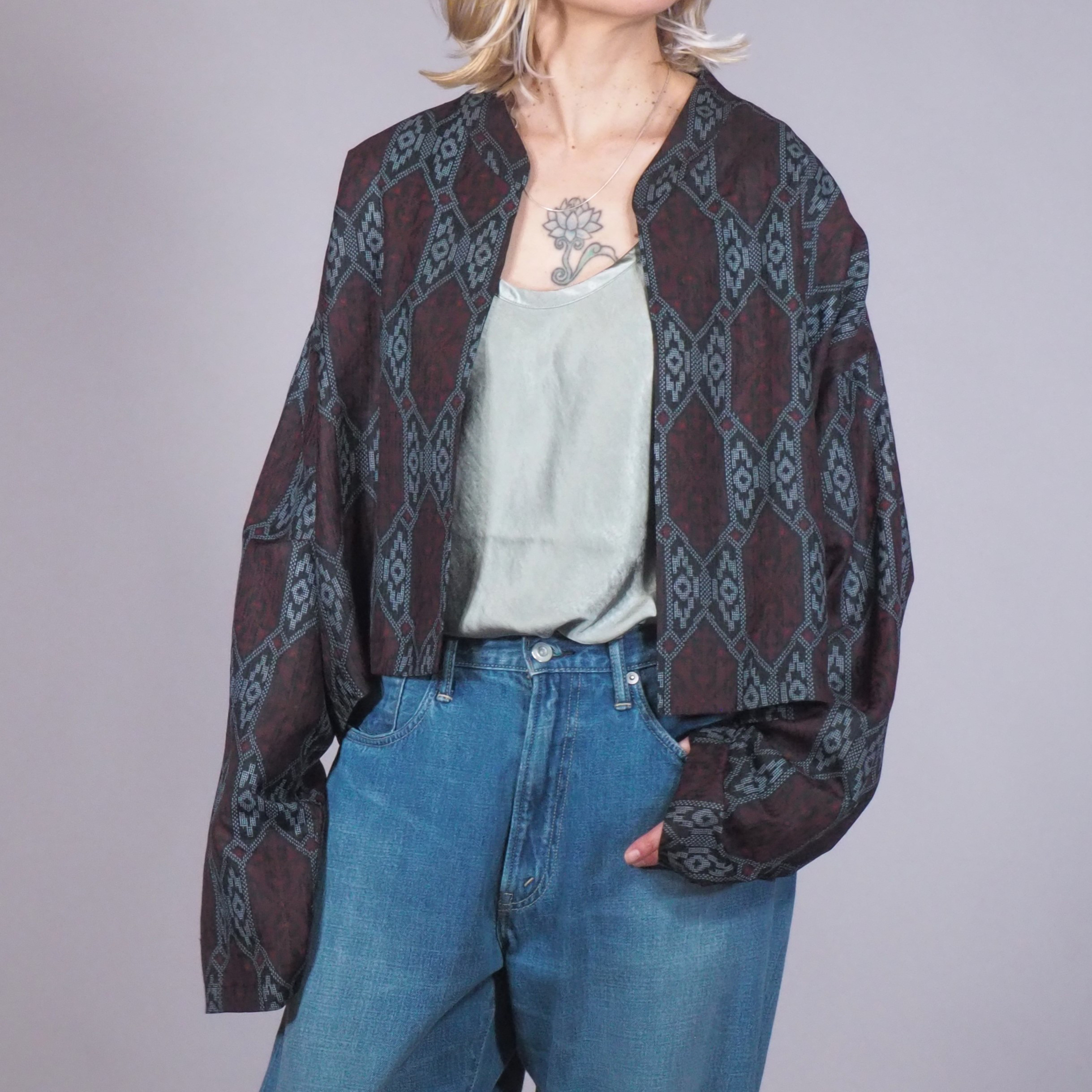 creema価格★着物リメイク TanLan クロップドジャケット シースルーブラック 亀甲