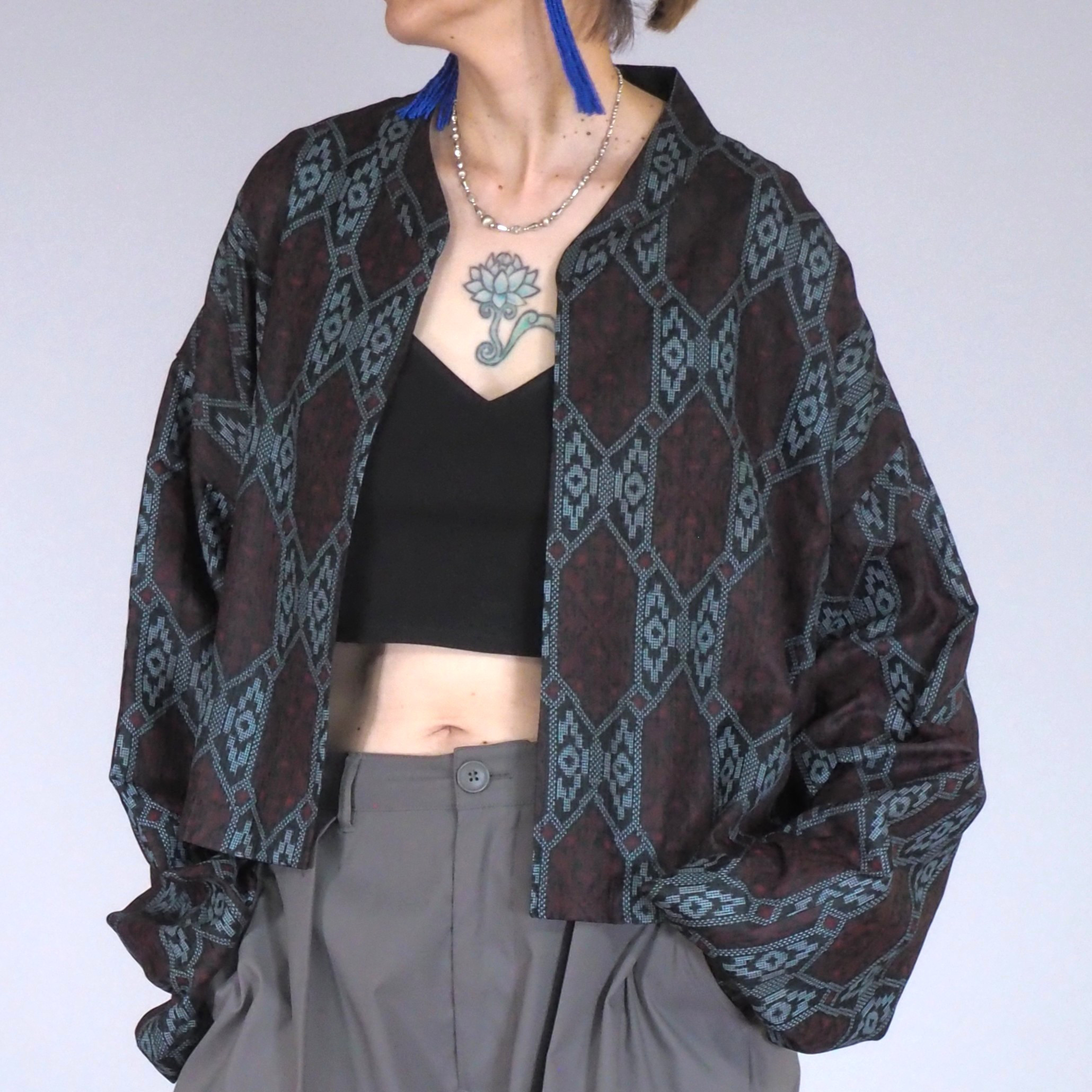 creema価格★着物リメイク TanLan クロップドジャケット シースルーブラック 亀甲