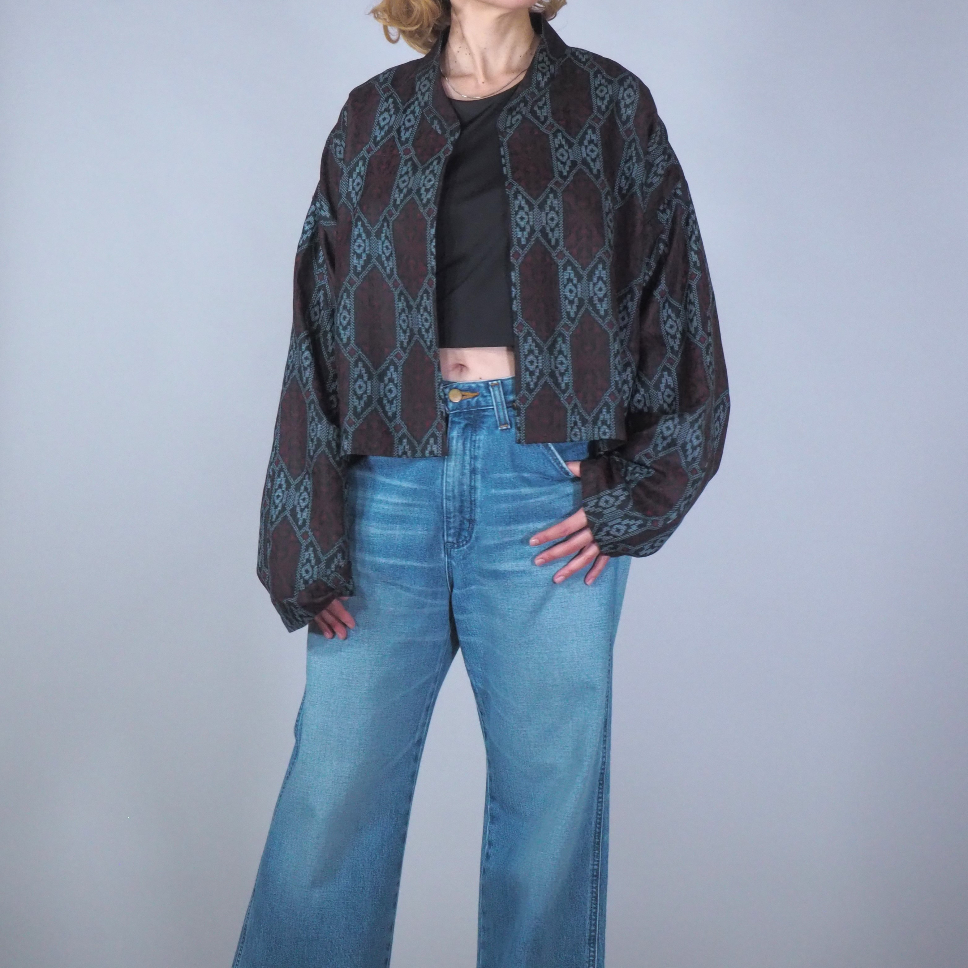 creema価格★着物リメイク TanLan クロップドジャケット シースルーブラック 亀甲