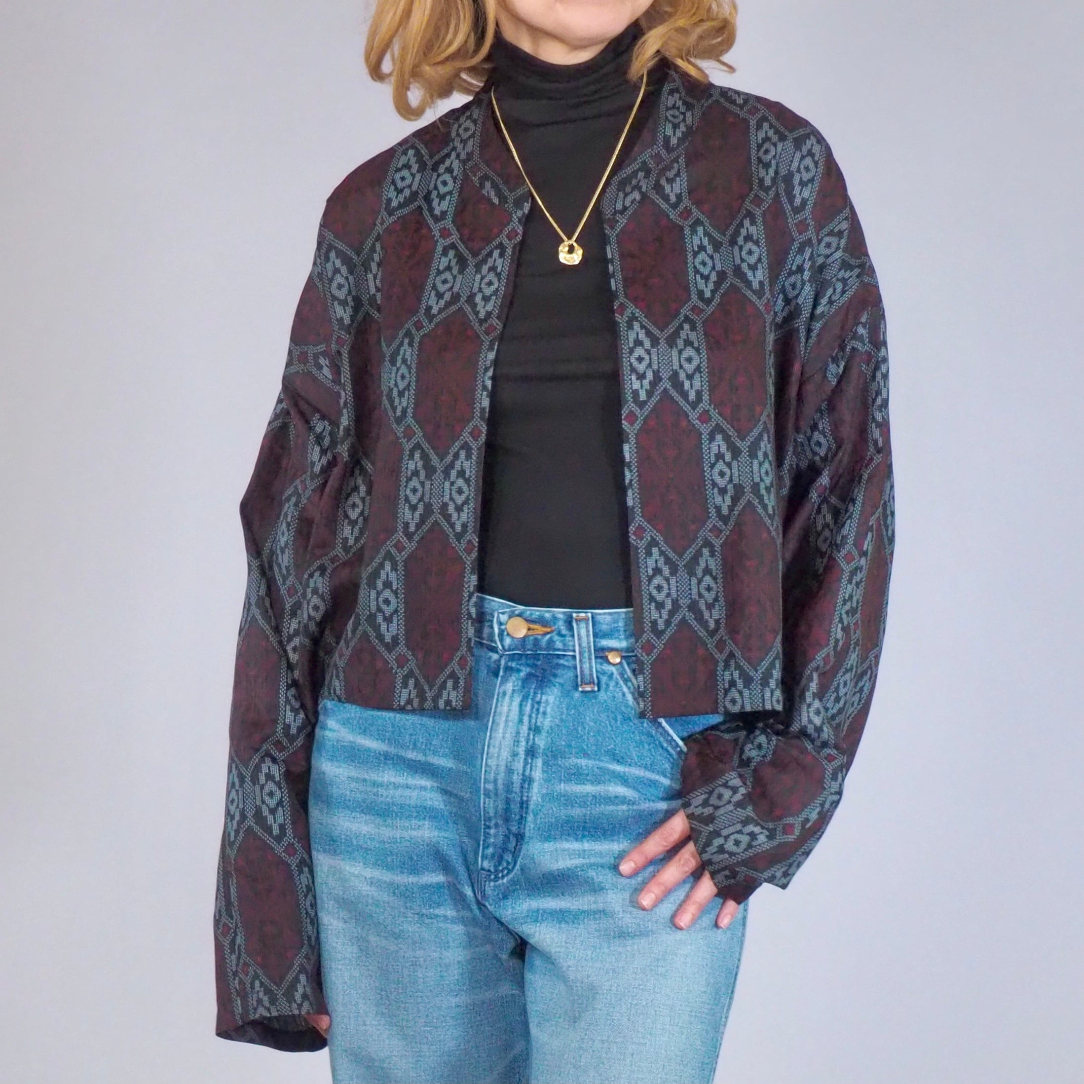 creema価格★着物リメイク TanLan クロップドジャケット シースルーブラック 亀甲