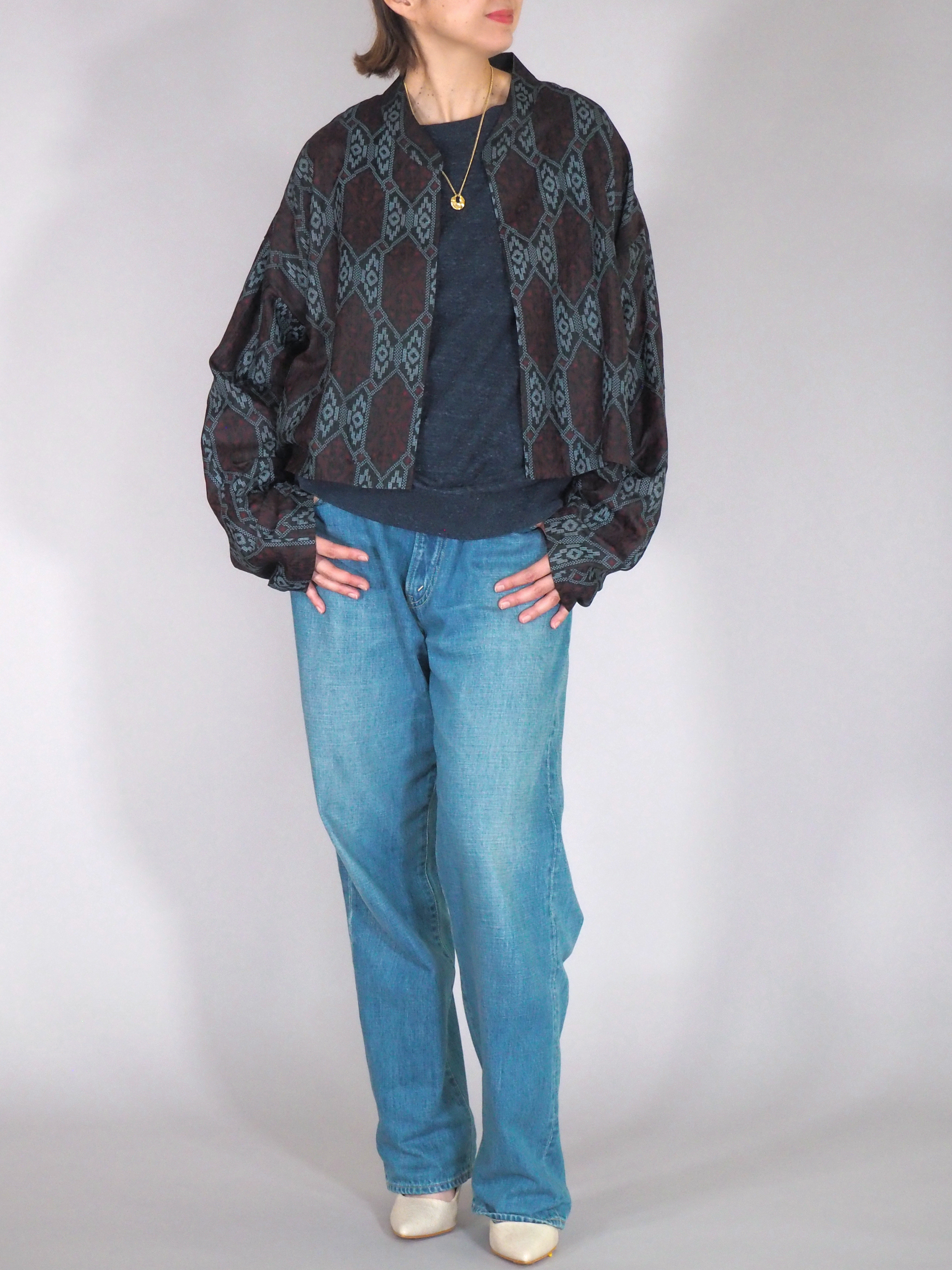 creema価格★着物リメイク TanLan クロップドジャケット シースルーブラック 亀甲