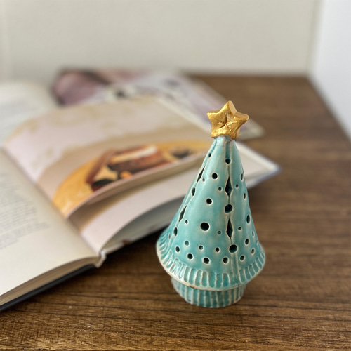 陶器 クリスマスツリー D オブジェ 照明 ターコイズブルー クリスマス