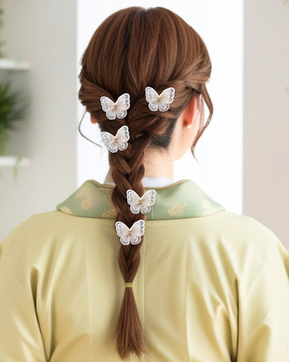 6つセット　蝶々レースのヘアクリップ　二枚羽　結婚式など特別な日に　❁オプション❁コットンパールのヘアピン 18枚目の画像