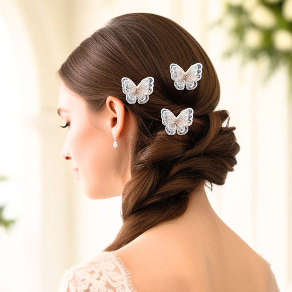 6つセット　蝶々レースのヘアクリップ　二枚羽　結婚式など特別な日に　❁オプション❁コットンパールのヘアピン 5枚目の画像