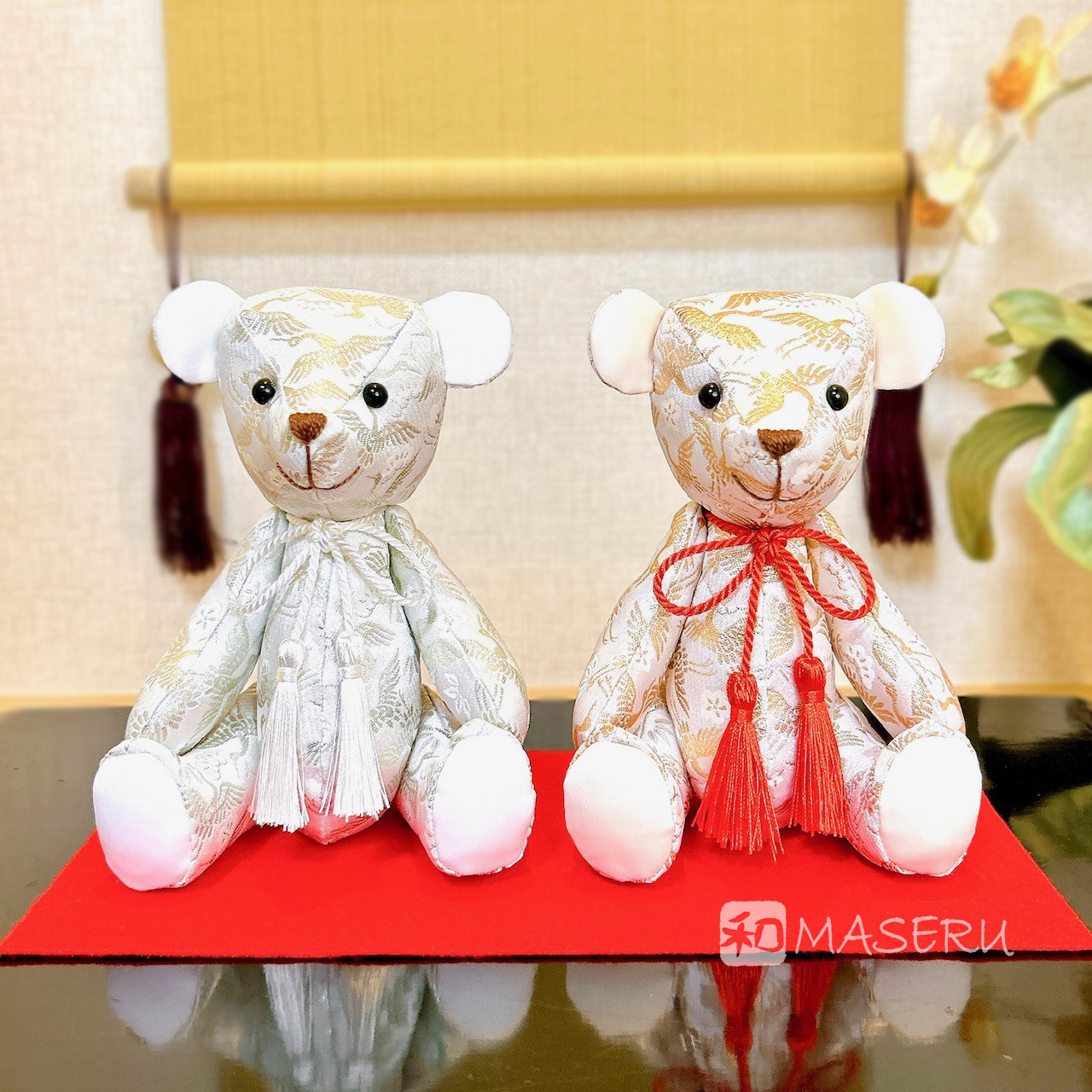 金銀の祝福テディベア【ペアセット】⭐︎赤い毛氈付き⭐︎ ウェルカムドール　結婚祝い　結婚記念日　金婚・銀婚祝いに