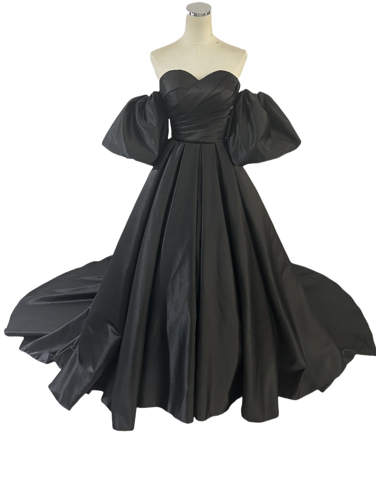 カラードレス パフスリーブ 編み上げ ベアトップ ブラック 光沢サテン 結婚式