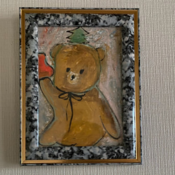 キャンバス油絵　くまちゃん　まるまるとした大きいお花 キャンバス油絵 くまちゃん まるまるとした大きいお花