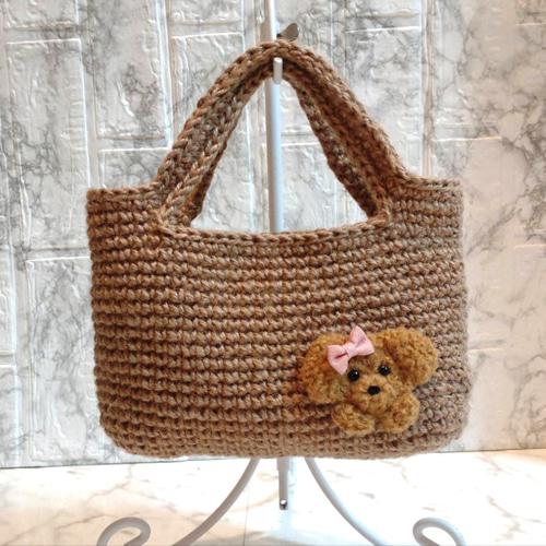 トイプードルの羊毛フェルトアップリケ付》 ミニ麻紐バッグ 犬 ペット