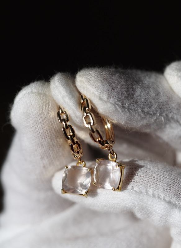 ローズクォーツ８（FC）スクエア　K14gf チェーンデザインループピアス 5枚目の画像