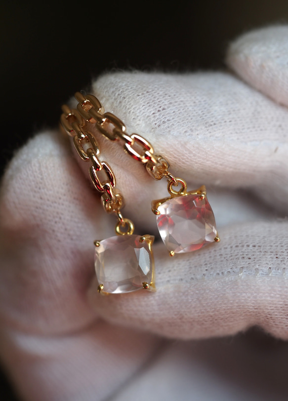 ローズクォーツ８（FC）スクエア　K14gf チェーンデザインループピアス 6枚目の画像