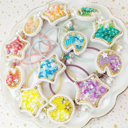 カラバリ豊富】星 月 ツインヘアゴム ビーズ刺繍 ヘアゴム