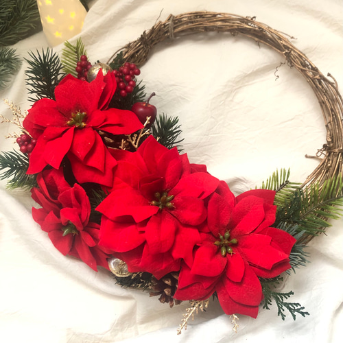 真っ赤なポインセチア豪華クリスマスリース アーティフィシャル
