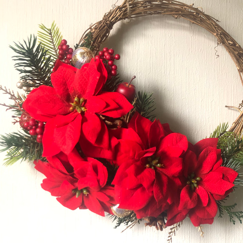 真っ赤なポインセチア豪華クリスマスリース アーティフィシャル