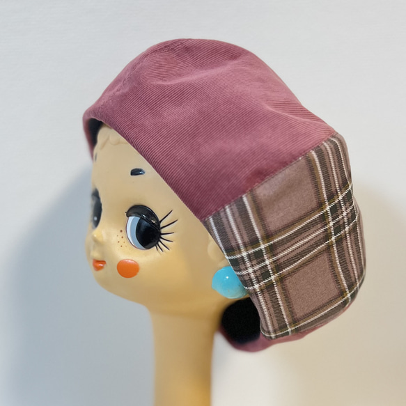 タータンチェックHeartyベレー　ピンク ベレー帽 コーデュロイ＆タータンチェック（ピンク） 帽子 レディース